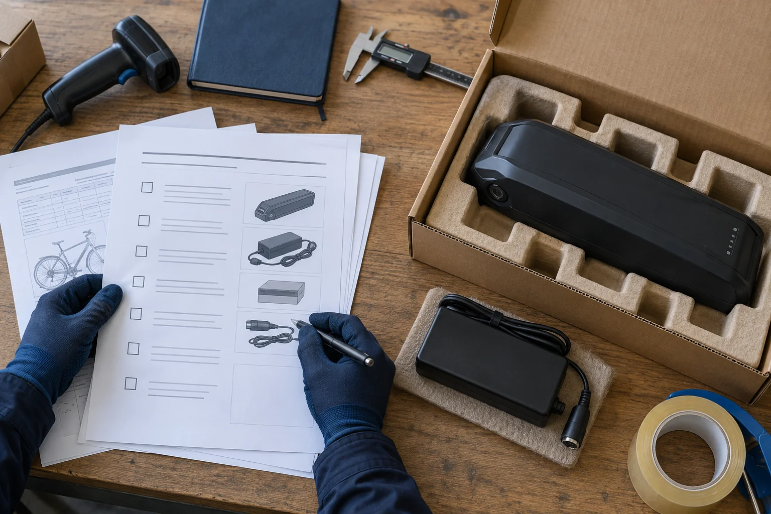 E-bike battery, charger, protective packaging and technical documents being checked before shipment