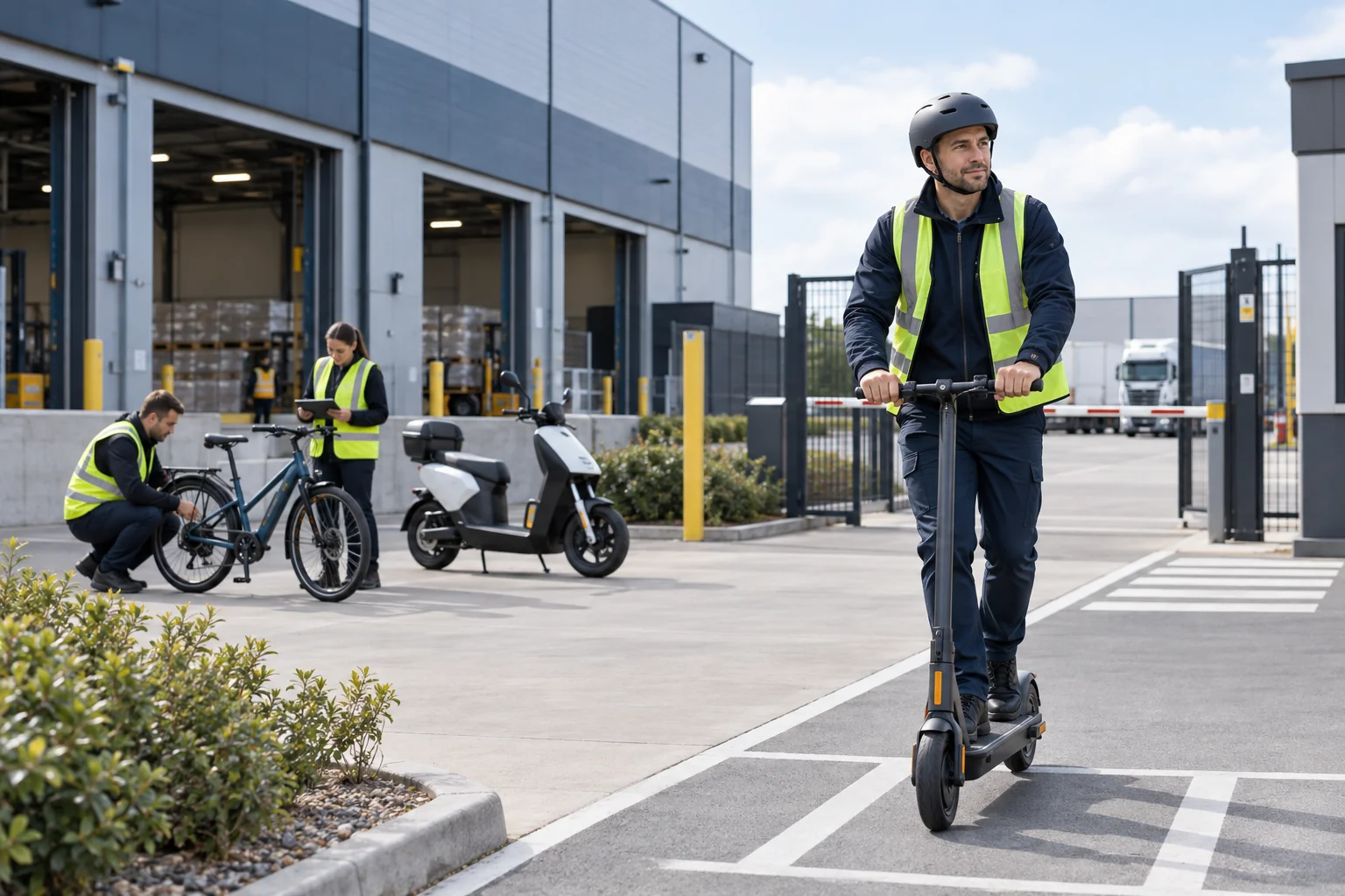 Helmeted worker using an electric scooter on a marked route inside a private logistics site while an e-bike and moped are inspected